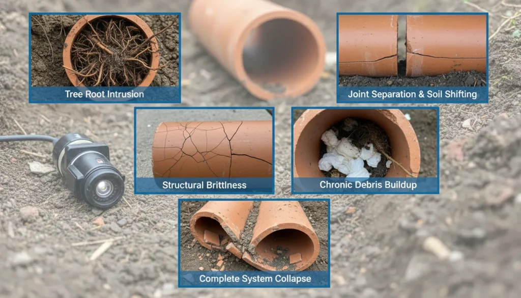 A detailed real-world visual guide showing the five most common failures in vitrified clay sewer pipes, including root intrusion, offset joints, and structural cracks, as seen during a professional plumbing camera inspection.