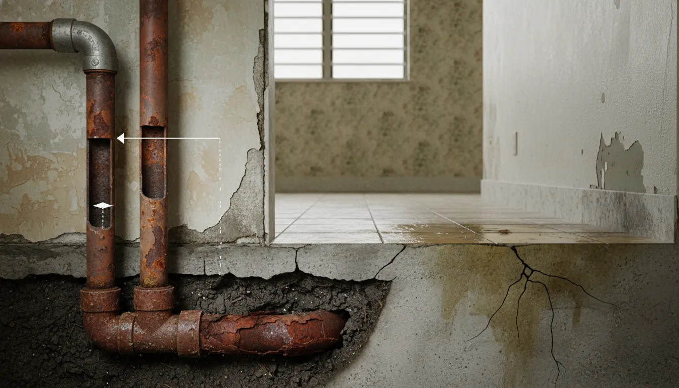 Older Miami home plumbing issues shown through corroded galvanized pipes, a deteriorating cast iron sewer line, and signs of a hidden slab leak beneath the floor