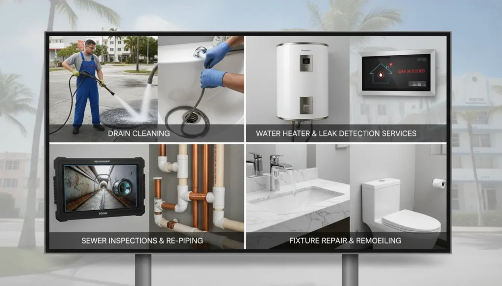 A professional collage showcasing essential Miami plumbing services, including high-pressure drain cleaning, expert leak detection using advanced sensors, and a new tankless water heater installation in a South Florida home.