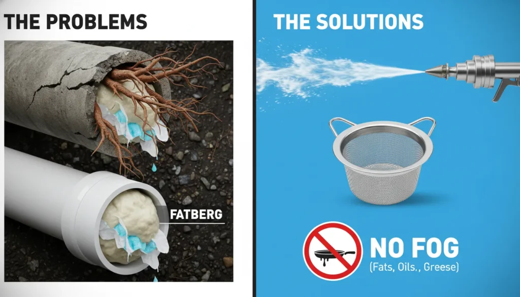 A split-view diagram or photo showing common causes of sewer clogs like tree root intrusion and grease buildup alongside preventative tools like a drain mesh strainer.