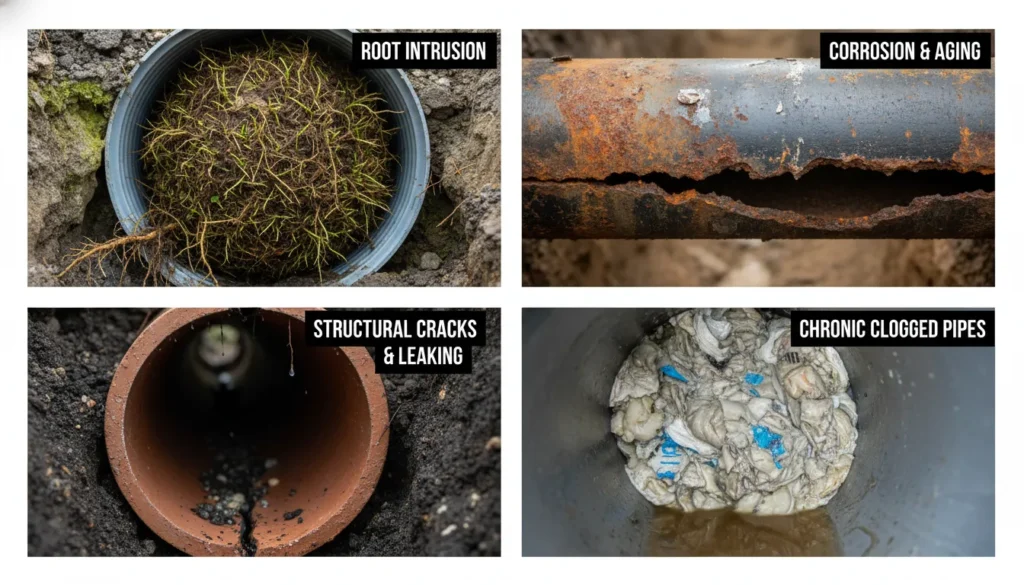 A professional photographic comparison showing common sewer pipe problems including invasive tree root clusters, severe internal corrosion in cast iron pipes, and a structural crack in a clay sewer line.