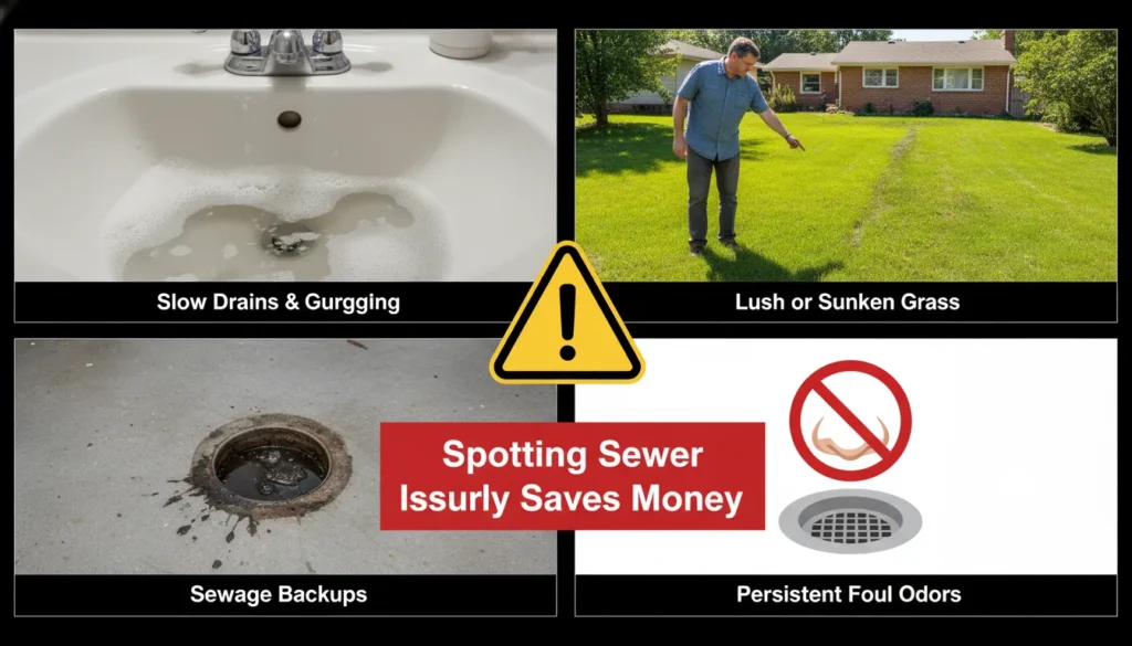 A composite image showing common signs of sewer failure, including a clogged toilet, a soggy patch of grass in a backyard, and a person holding their nose near a floor drain.