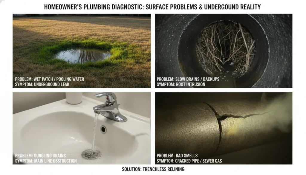 A professional HD sewer camera inspection monitor showing tree root intrusion and a cracked pipe, contrasted with a residential yard showing sewage water pooling and slow-draining household fixtures.