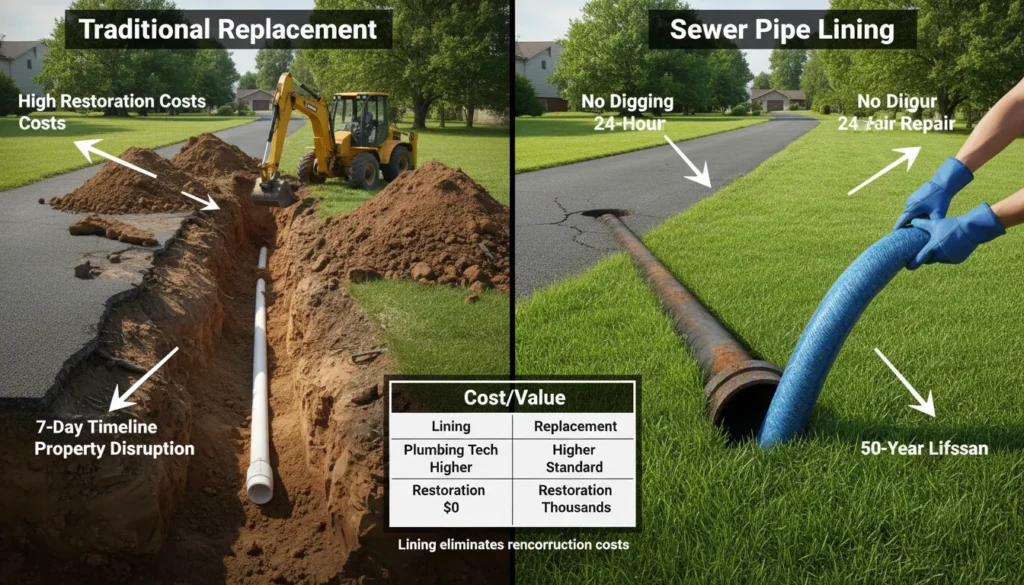 A side-by-side infographic comparing trenchless sewer pipe lining and traditional excavation repair, showing a clean yard with a pipe sleeve versus a dug-up yard with a replaced PVC pipe.
