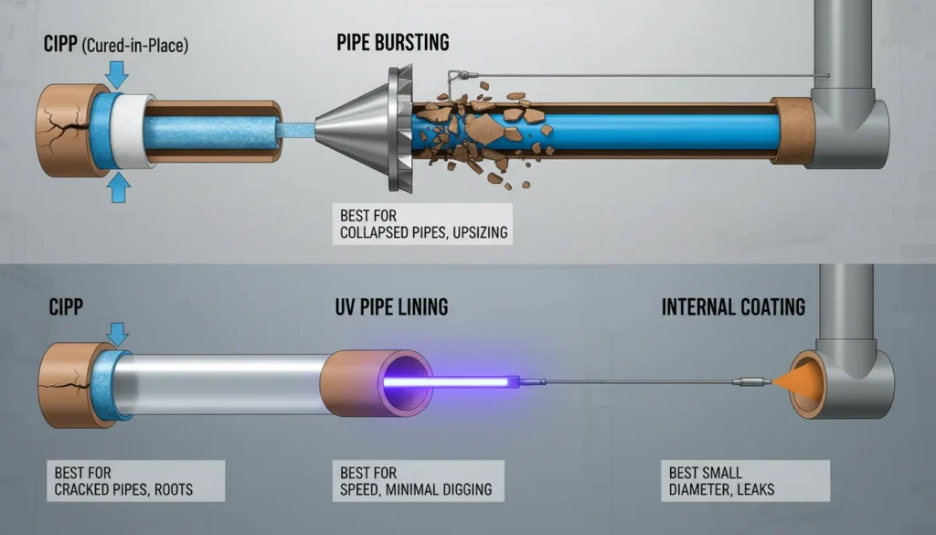 A detailed technical chart showing different types of sewer pipe lining including CIPP, pipe bursting, pull-in-place, and UV curing sleeves being installed in underground pipes.