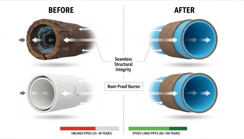 A professional side-by-side comparison of aged cast iron, cracked clay, and modern PVC pipes, featuring a cutaway of a high-strength epoxy sewer pipe sleeve showing its smooth, corrosion-resistant internal structure.