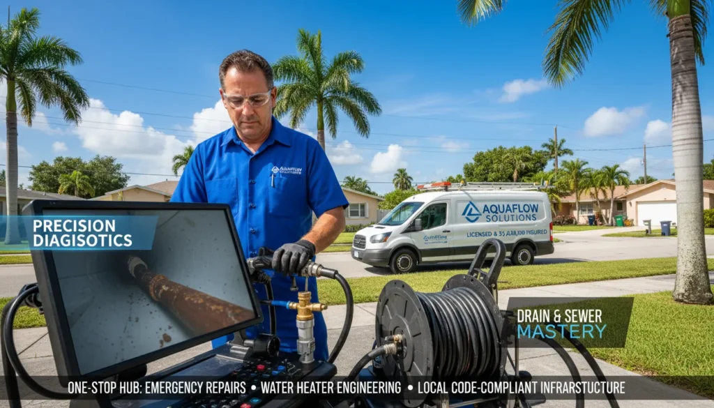 A professional plumber using high-tech diagnostic equipment and hydro-jetting tools to service a residential sewer line in a Miami Gardens neighborhood, with a service van parked nearby.
