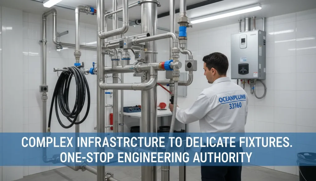 A detailed view of complex high-rise plumbing infrastructure and professional repair equipment in a Sunny Isles Beach luxury condo, representing full-spectrum engineering solutions for coastal properties.