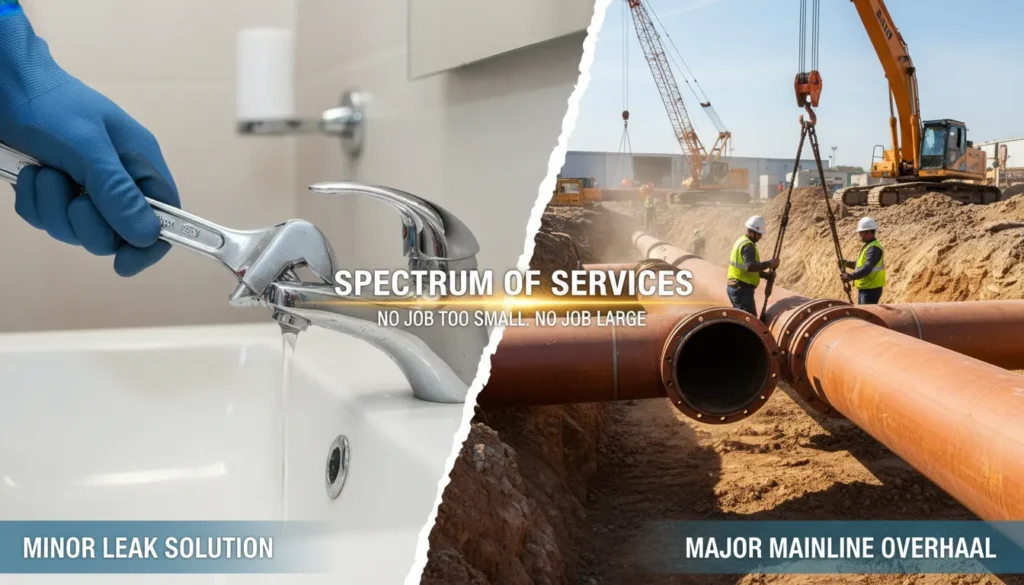 A split-view professional plumbing infographic showing a close-up of a minor faucet leak repair on the left and a large-scale underground sewer mainline overhaul using industrial equipment on the right.