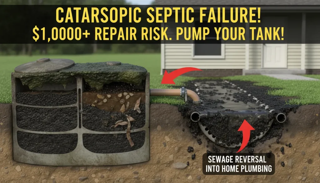 A detailed cross-section diagram showing an overfilled septic tank where thick sludge and scum layers are escaping into the outlet pipe, causing a clogged and flooded drain field with sewage backing up toward the house.