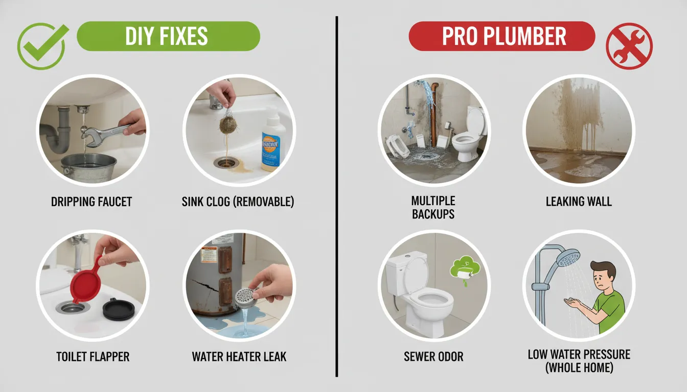Side-by-side plumbing visual showing minor household fixes like a dripping faucet and toilet flapper repair on one side and serious problems like hidden leaks, burst pipes, and sewer backups that require a licensed plumber on the other