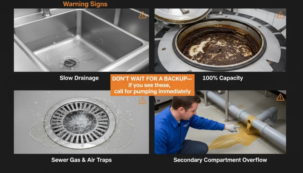 A professional photo collage showing the four main indicators of an overfilled commercial grease trap: slow-draining prep sinks, overflowing floor drains, visible thick grease caps, and an illustration of sewer gas odors.