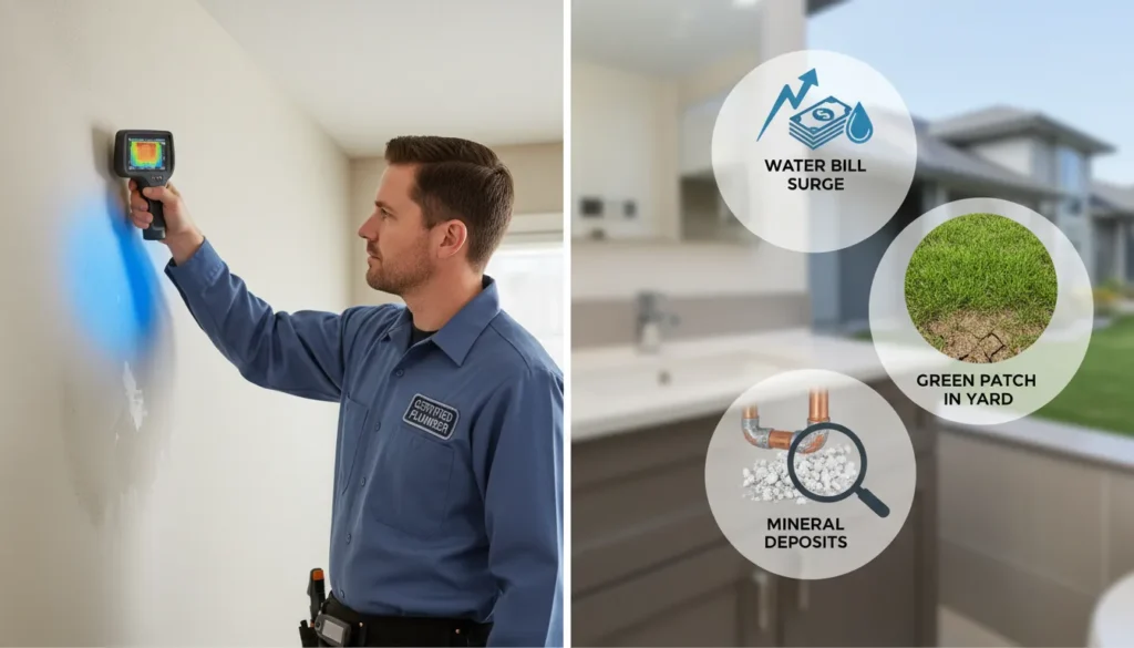 A professional technician using a digital leak detection meter next to a damp kitchen cabinet with a visual checklist of common hidden leak signs like mildew and high water bills.