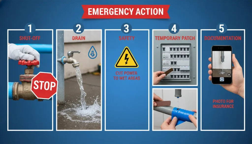 A step-by-step emergency plumbing guide showing a homeowner shutting off a main water valve, draining a faucet, and applying a temporary pipe patch to a burst line.