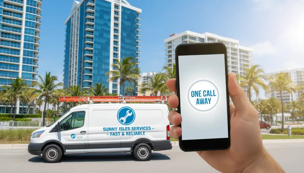 A professional plumber’s hand holding a smartphone with an incoming call, with a blurred background of a service van parked in front of luxury Sunny Isles Beach high-rise towers.