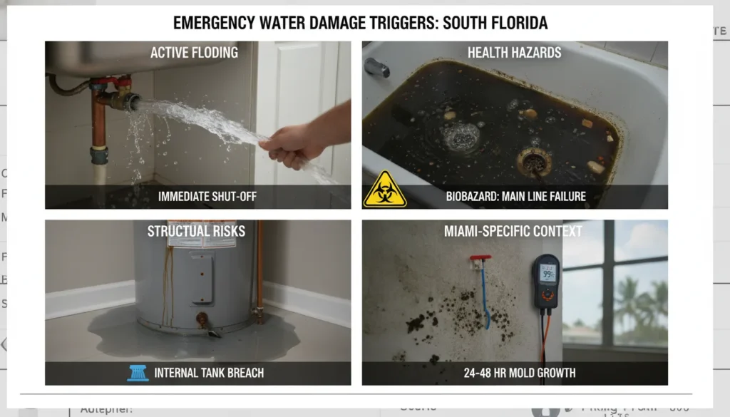 A professional plumber assessing a severe indoor pipe burst and a sewage backup in a Miami residential bathroom to prevent mold growth.