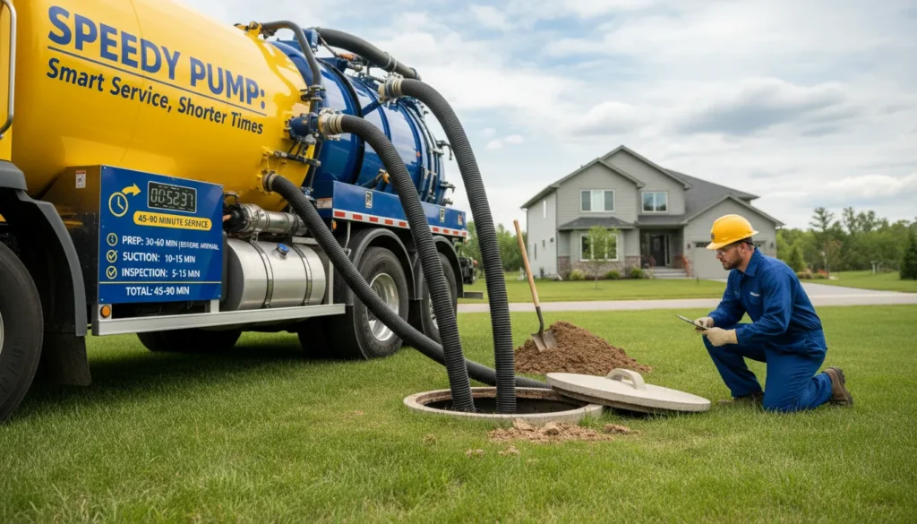 A professional technician monitoring a vacuum truck gauge during a septic tank pumping service, indicating the 45 to 90-minute timeframe required to empty a standard tank.