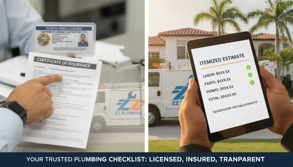 A professional plumber in an EZ Plumbing uniform showing a digital service contract and a valid Florida state license card to a homeowner in a Miami residence.