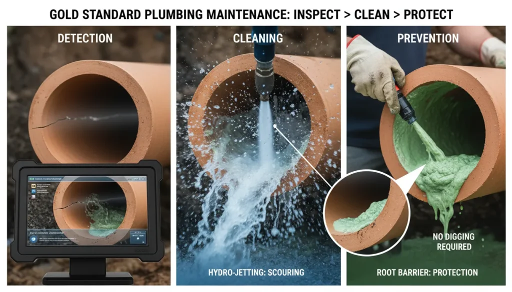 A professional plumber performing a high-definition sewer camera inspection and hydro jetting on a vitrified clay pipe to remove tree roots and debris.