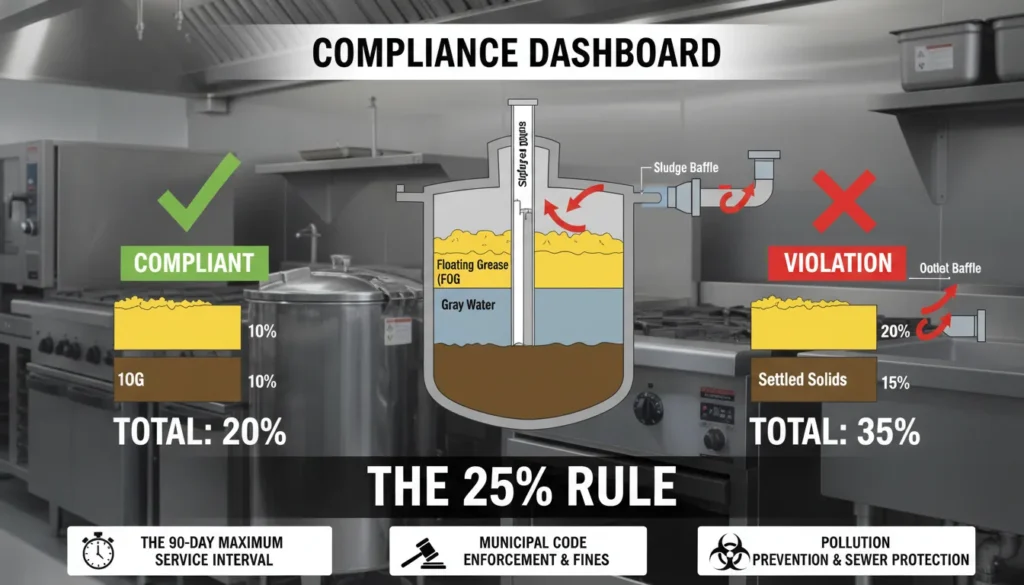 A professional technical diagram of a commercial grease trap cross-section showing a core sample being taken; it compares a compliant 20% fill level with a non-compliant 35% violation level.