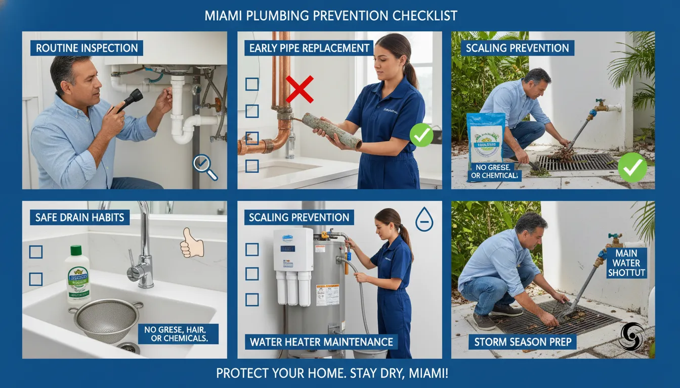 Miami homeowner preventing plumbing problems by inspecting pipes, cleaning drains, checking a water heater, and preparing outdoor drainage before storm season