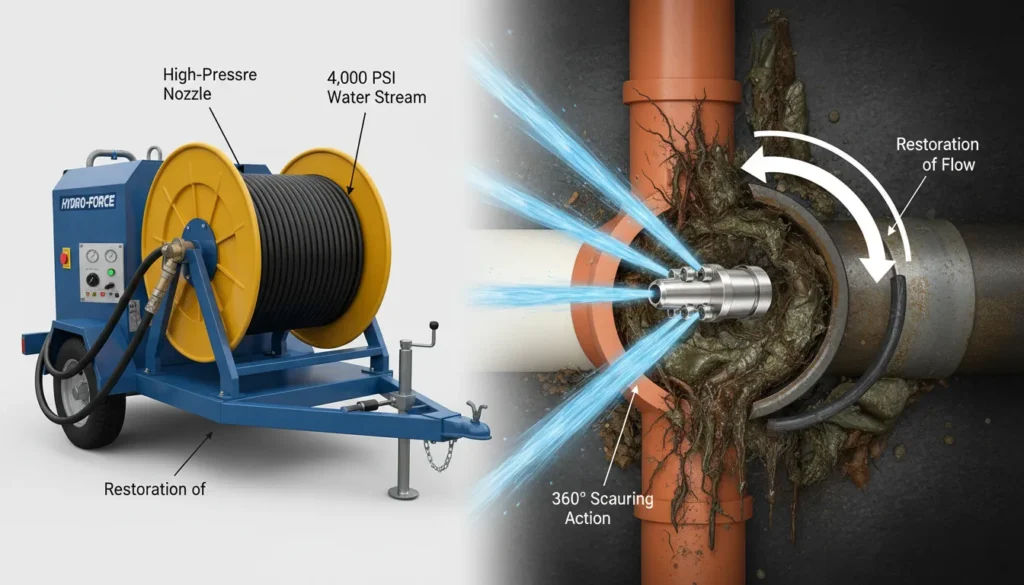 A professional hydro jetting setup showing a high-pressure water hose with a multi-directional nozzle entering a sewer cleanout, illustrating the 360-degree scouring action inside a pipe.