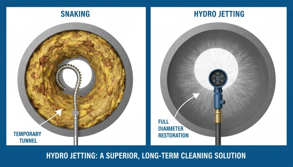 A side-by-side technical comparison showing a plumbing snake creating a small hole through a grease clog versus a hydro jetter nozzle scouring the entire pipe wall 360 degrees clean.