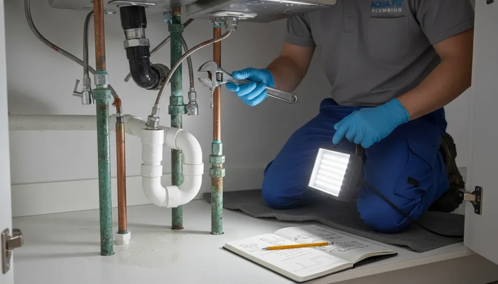 A plumber examining under a sink with a wrench, checking pipes for leaks and blockages, while holding a notepad to note problem areas, illustrating practical tips for identifying plumbing issues.