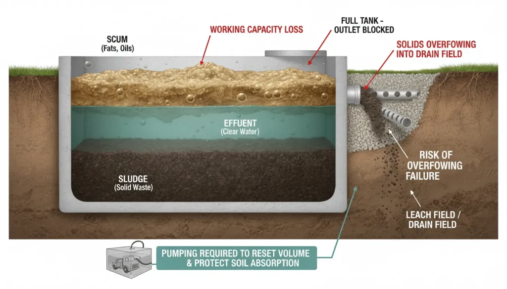 Cross-section diagram of a septic tank showing the accumulation of sludge and scum layers leading to a clogged drain field.