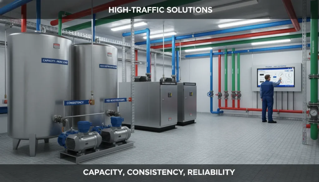 A wide-angle view of a complex commercial mechanical room featuring high-capacity water heaters, multi-stage booster pumps, and an intricate network of insulated piping designed for heavy-duty usage.