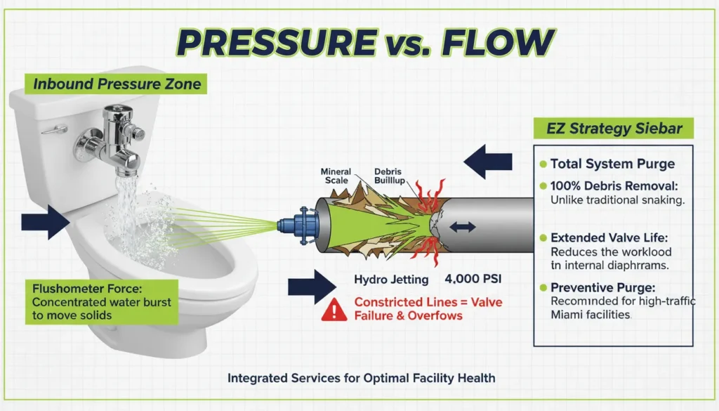 A professional diagram showing the connection between a commercial flushometer toilet and the building's main sewer line, featuring hydro jetting equipment cleaning 4,000 PSI of scale and debris.