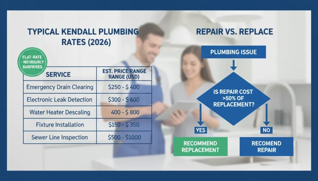 A professional plumbing service cost comparison chart showing flat-rate pricing for drain cleaning, leak detection, and water heater repairs in Kendall, FL, alongside a ‘Repair vs. Replace’ decision matrix.