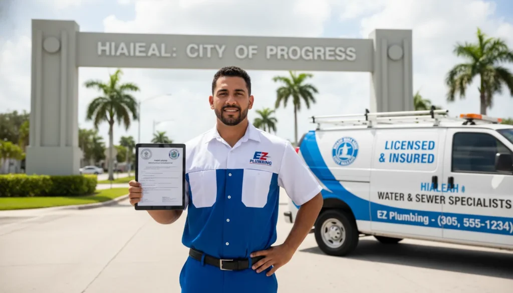 A licensed plumber standing in front of a service van in Hialeah, Florida, holding a digital tablet displaying local building permits with the Hialeah 'City of Progress' welcome sign visible in the background.