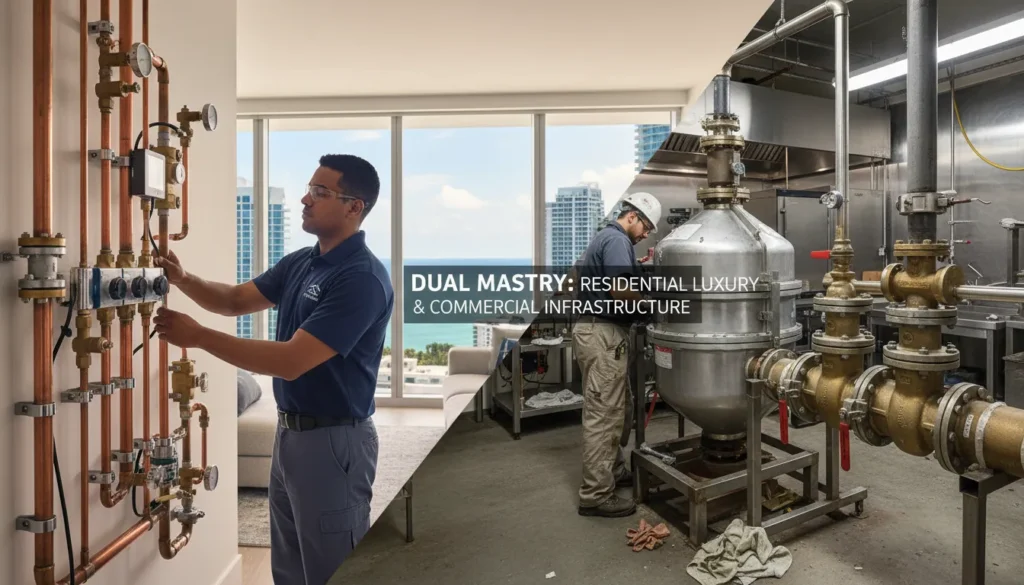split-view real-world photo showing a master plumber servicing a complex vertical water stack in a luxury Sunny Isles high-rise and a commercial-grade grease trap system for a local business.