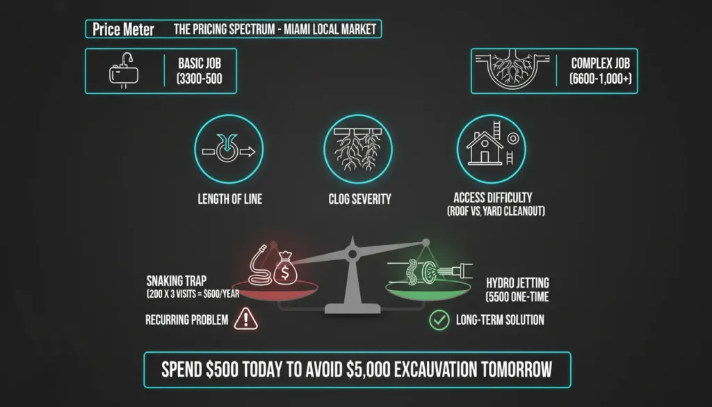 A professional pricing infographic for Miami hydro jetting services, comparing basic vs. complex job costs and illustrating price factors like pipe length, tree roots, and access points.
