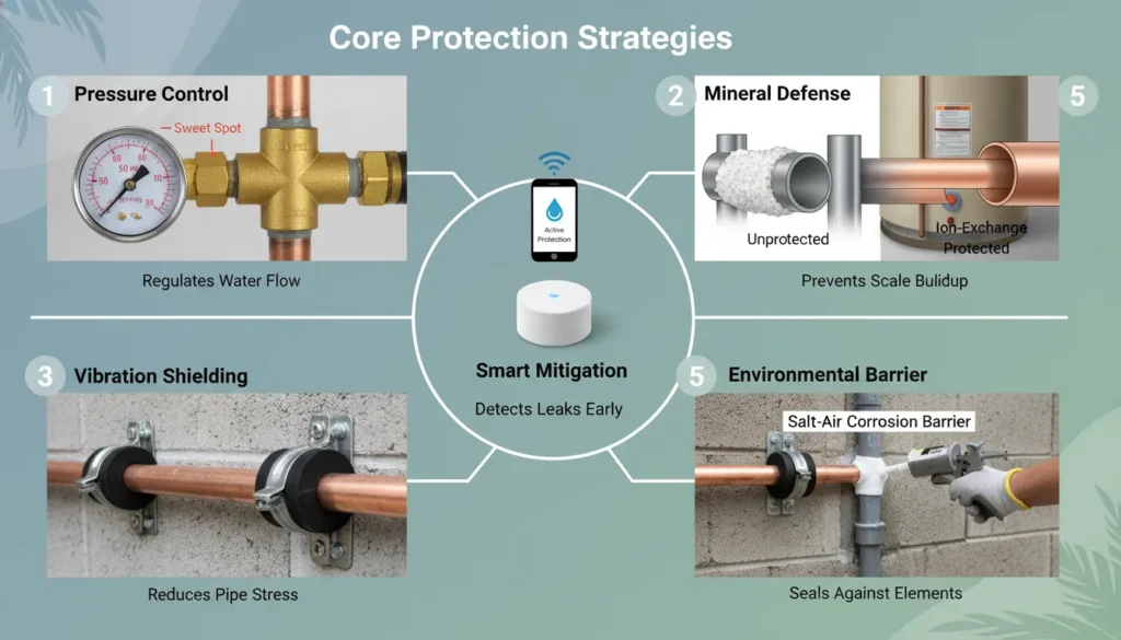 A professional plumber inspecting a residential main line in Miami, featuring a 5-step checklist for pipe protection including pressure valves, water softeners, and smart leak sensors.