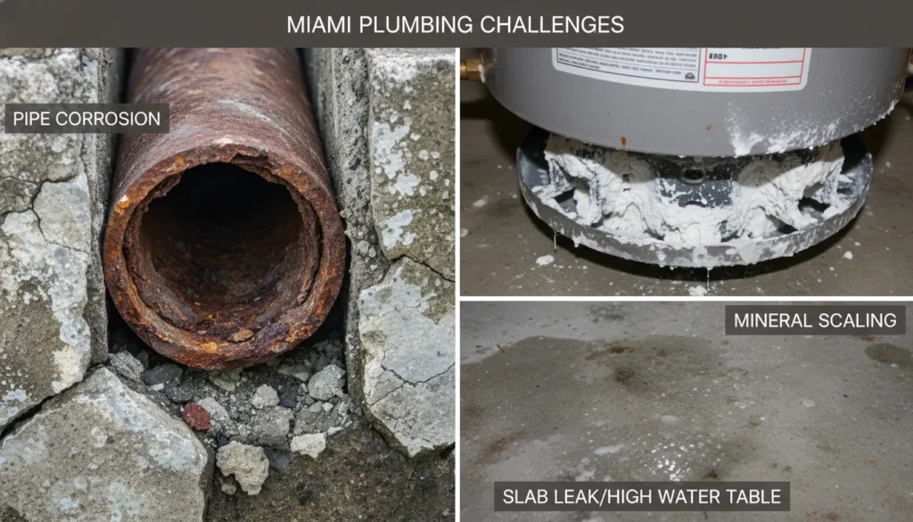A professional plumber inspecting corroded cast iron pipes and limestone mineral buildup in a South Florida residential plumbing system.