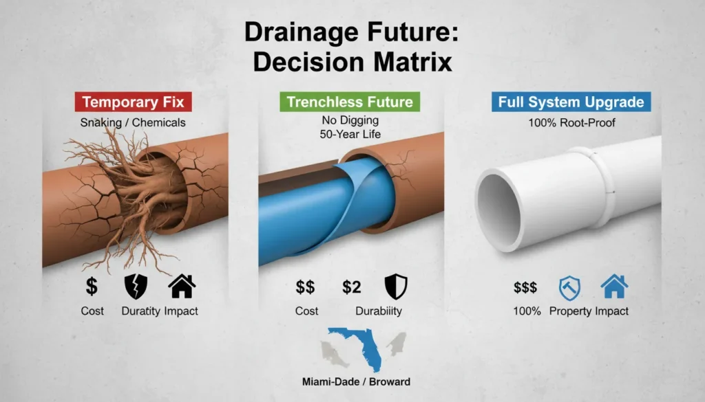 Side-by-side visual comparison of a deteriorating orange clay sewer pipe and a modern blue CIPP trenchless pipe liner being installed to show the future of home drainage solutions.