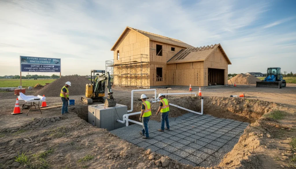 A residential construction site showing a newly built house with workers installing a modern septic system, including tanks, pipes, and drainage fields, illustrating proper planning for wastewater management.
