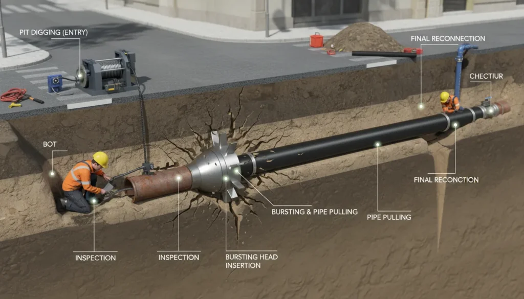 Technicians performing pipe bursting with equipment showing camera inspection, access pits, bursting head pulling new HDPE pipe through old sewer line underground