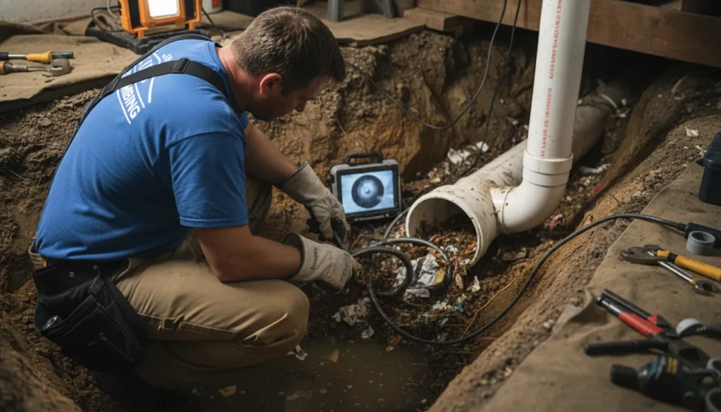 A professional plumber using specialized tools to inspect and clear a blocked main sewer line, showing pipes, drain cleaning equipment, and water flow obstruction.