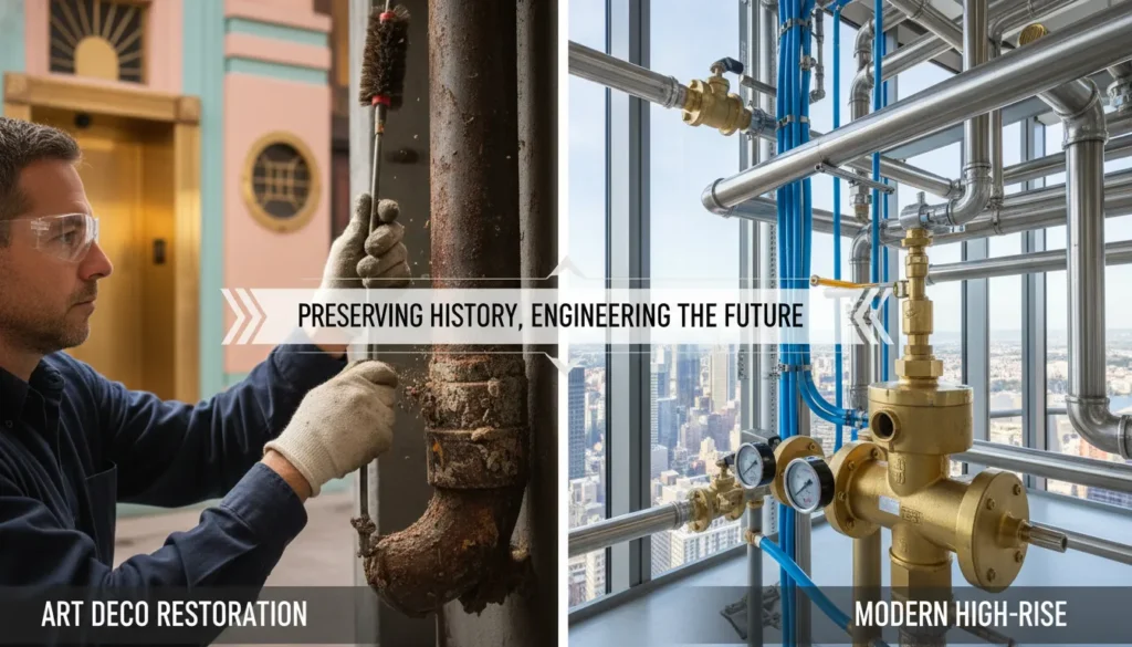 Side-by-side comparison of vintage cast iron pipe restoration in a historic Art Deco building versus modern high-pressure PEX and stainless steel installation in a South Beach luxury high-rise.
