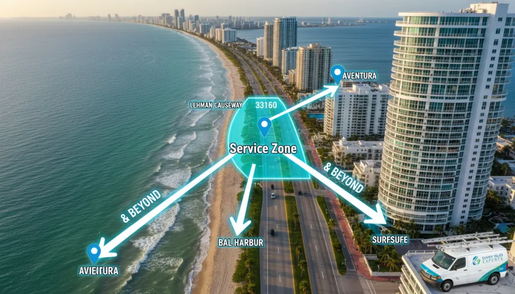 A professional service area map highlighting Sunny Isles Beach 33160, including Collins Avenue, Golden Shores, and neighboring hubs like Aventura and Bal Harbour, featuring a local service van.