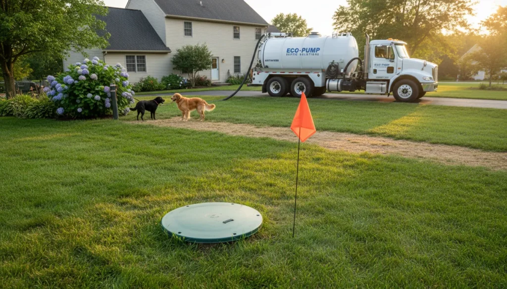A homeowner’s backyard with a clearly marked septic tank riser, cleared debris, and a parked vacuum truck in the distance, showing a prepared site for a septic pumping crew.