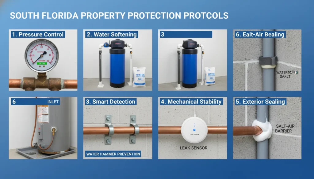 A professional 5-step checklist for Miami plumbing maintenance featuring a water pressure gauge, a water softener system, a smart leak detector, secured copper pipes, and sealed exterior wall penetrations.