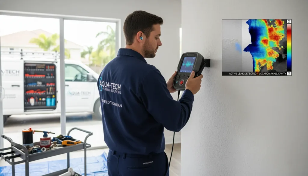 A professional Miami plumber using ultrasonic leak detection equipment and thermal imaging to locate a hidden water leak behind a residential wall without causing damage.