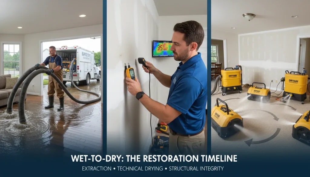 A professional water restoration team performing industrial-grade water extraction and setting up high-velocity air movers for structural dehumidification in a flooded residential property.