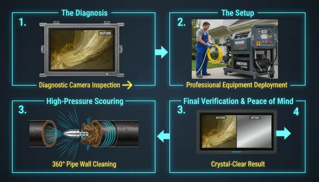 A high-contrast four-step infographic showing the professional hydro jetting process: initial CCTV camera inspection, inserting the Schieffer jetter hose into the cleanout, the 360-degree high-pressure water scouring action, and the final verification camera shot.