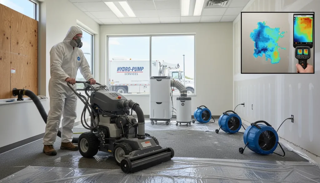 A high-resolution wide shot of a professional technician using a truck-mounted water extraction pump and LGR dehumidifier to dry a flooded room, demonstrating the 5-stage restoration process.