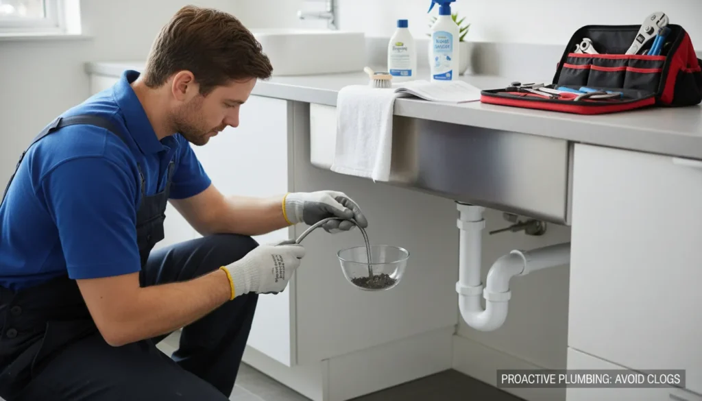 A licensed plumber wearing a uniform and gloves inspecting kitchen and bathroom pipes in a modern home, demonstrating preventive measures to keep drains clog-free.